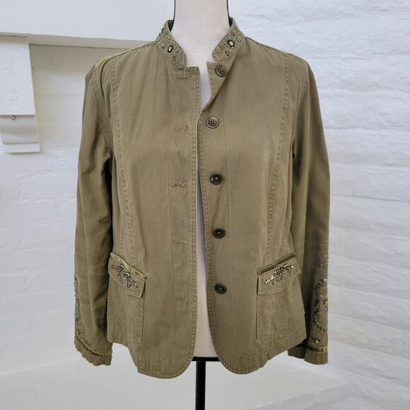 Womens Jacket Blazer Coat Small Army Green Boho Beaded Button Cotton Utility - Picture 1 of 9